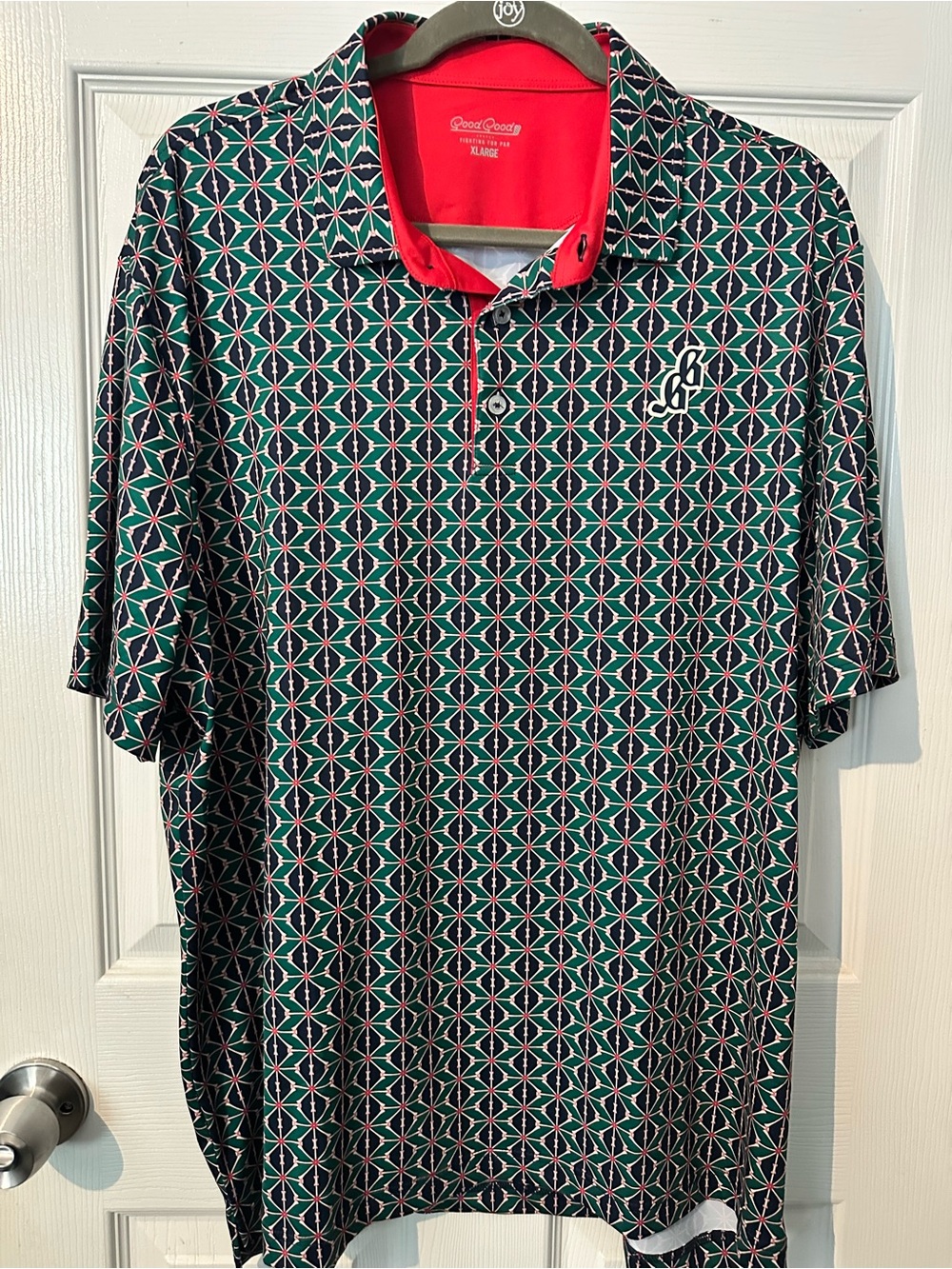 Men's Geometric Green Polo with Red Trim - Performance Short Sleeve